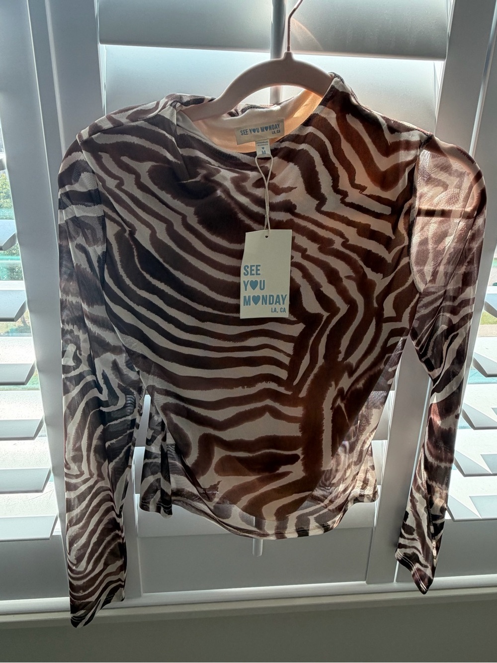 See You Monday Brown and Cream Sheer Zebra-Print Long Sleeve Top